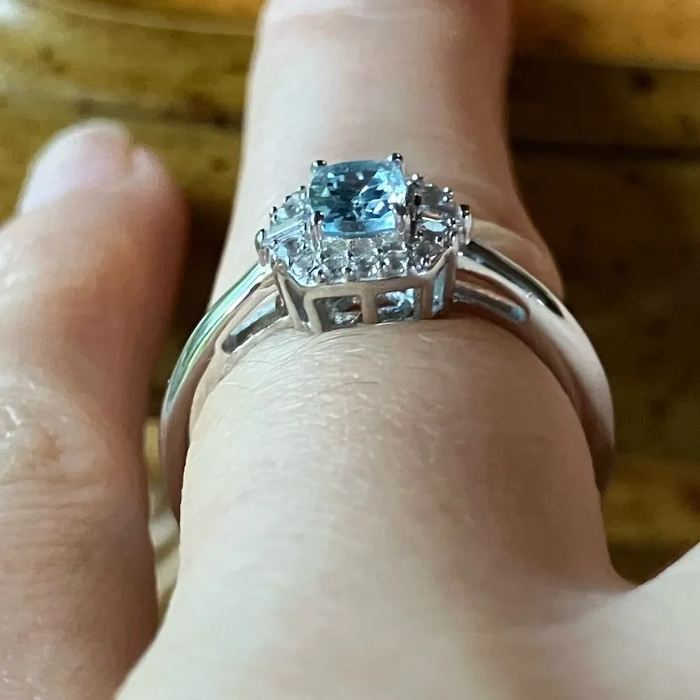 Natural Aquamarine Sterling Silver Halo Ring Size 6